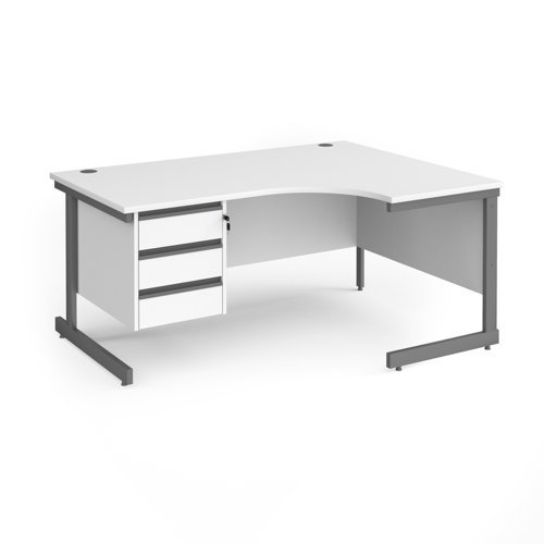 Contract 25 right hand ergonomic desk with 3 drawer pedestal and graphite cantilever leg 1600mm white top - CC16ER3-G-WH