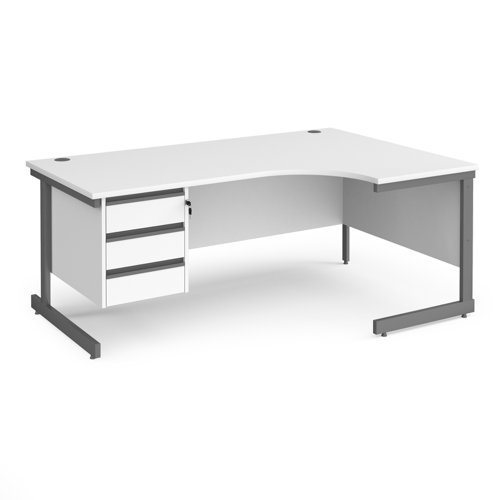 Contract 25 right hand ergonomic desk with 3 drawer pedestal and graphite cantilever leg 1800mm white top - CC18ER3-G-WH