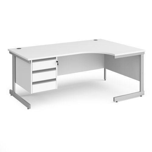Contract 25 right hand ergonomic desk with 3 drawer pedestal and silver cantilever leg 1800mm white top - CC18ER3-S-WH