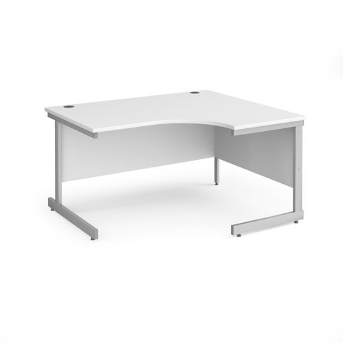 Contract 25 right hand ergonomic desk with silver cantilever leg 1400mm white top - CC14ER-S-WH