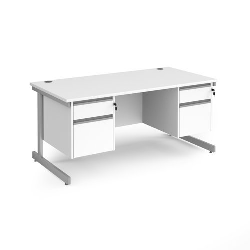 Contract 25 straight desk with 2 and 2 drawer pedestals and silver cantilever leg 1600mm x 800mm white top - CC16S22-S-WH