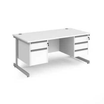 Contract 25 straight desk with 2 and 3 drawer pedestals and silver cantilever leg 1600mm x 800mm white top - CC16S23-S-WH