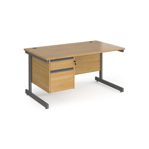 Contract 25 straight desk with 2 drawer pedestal and graphite cantilever leg 1400mm x 800mm oak top - CC14S2-G-O