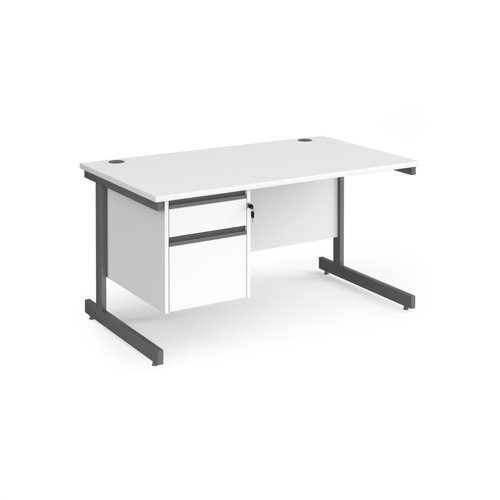 Contract 25 straight desk with 2 drawer pedestal and graphite cantilever leg 1400mm x 800mm white top - CC14S2-G-WH