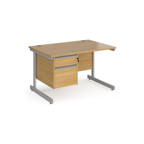 Contract 25 straight desk with 2 drawer pedestal and silver cantilever leg 1200mm x 800mm oak top - CC12S2-S-O