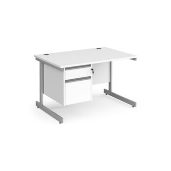 Contract 25 straight desk with 2 drawer pedestal and silver cantilever leg 1200mm x 800mm white top - CC12S2-S-WH
