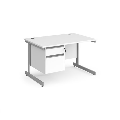 Contract 25 straight desk with 2 drawer pedestal and silver cantilever leg 1200mm x 800mm white top - CC12S2-S-WH