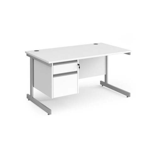 Contract 25 straight desk with 2 drawer pedestal and silver cantilever leg 1400mm x 800mm white top - CC14S2-S-WH