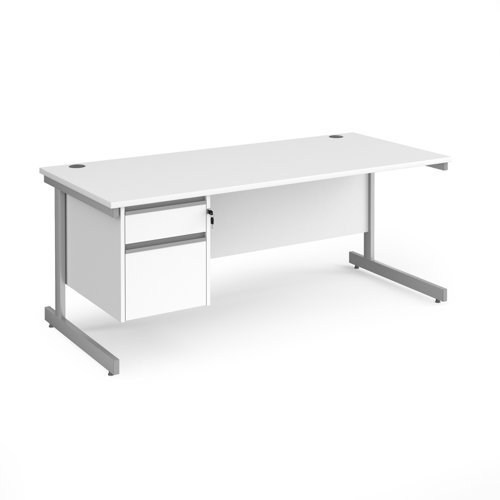 Contract 25 straight desk with 2 drawer pedestal and silver cantilever leg 1800mm x 800mm white top - CC18S2-S-WH