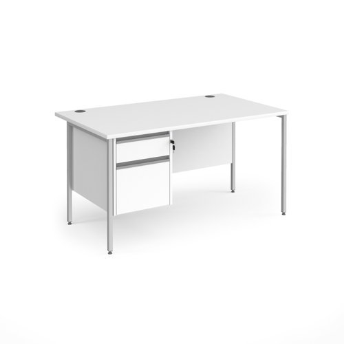 Contract 25 straight desk with 2 drawer pedestal and silver H-Frame leg 1400mm x 800mm white top - CH14S2-S-WH