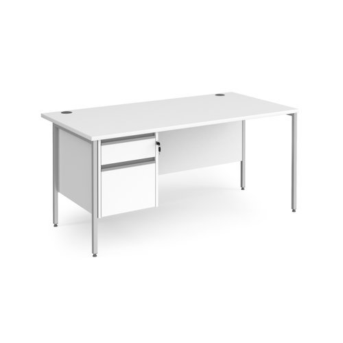 Contract 25 straight desk with 2 drawer pedestal and silver H-Frame leg 1600mm x 800mm white top - CH16S2-S-WH