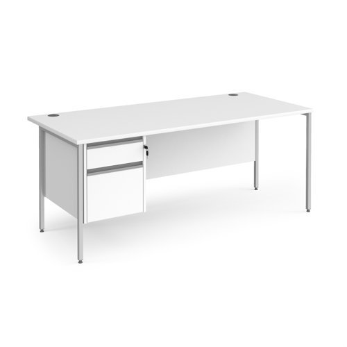 Contract 25 straight desk with 2 drawer pedestal and silver H-Frame leg 1800mm x 800mm white top - CH18S2-S-WH