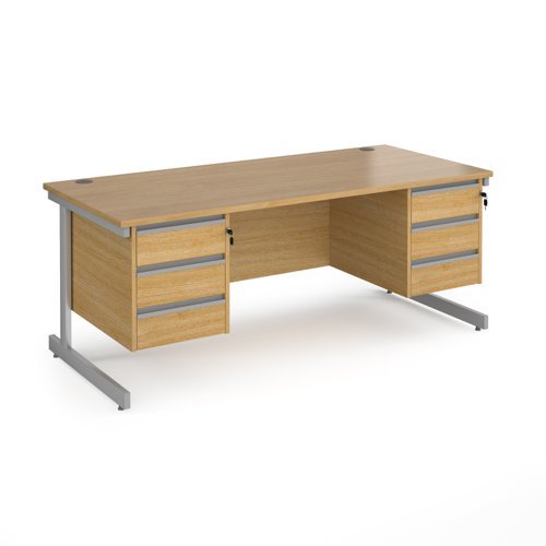 Contract 25 straight desk with 3 and 3 drawer pedestals and silver cantilever leg 1800mm x 800mm oak top - CC18S33-S-O