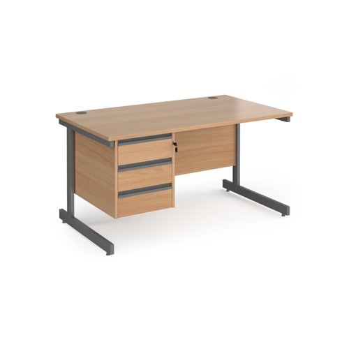 Contract 25 straight desk with 3 drawer pedestal and graphite cantilever leg 1400mm x 800mm beech top - CC14S3-G-B