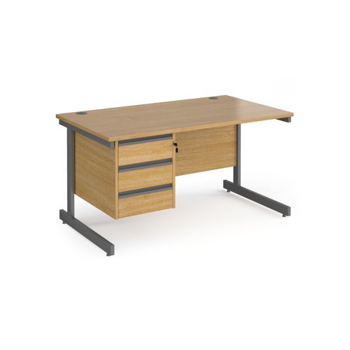 Contract 25 straight desk with 3 drawer pedestal and graphite cantilever leg 1400mm x 800mm oak top - CC14S3-G-O