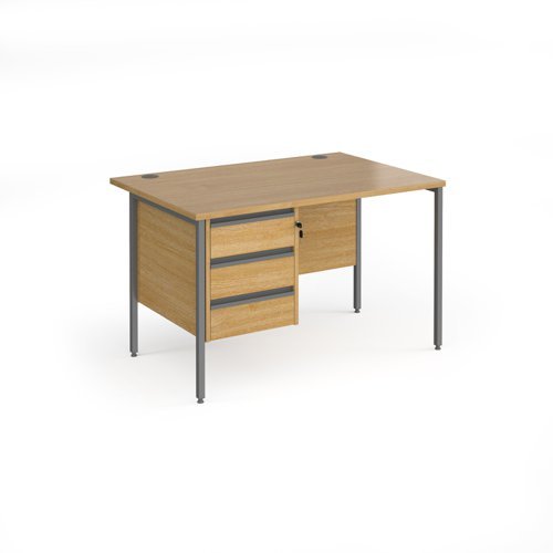 Contract 25 straight desk with 3 drawer pedestal and graphite H-Frame leg 1200mm x 800mm oak top - CH12S3-G-O