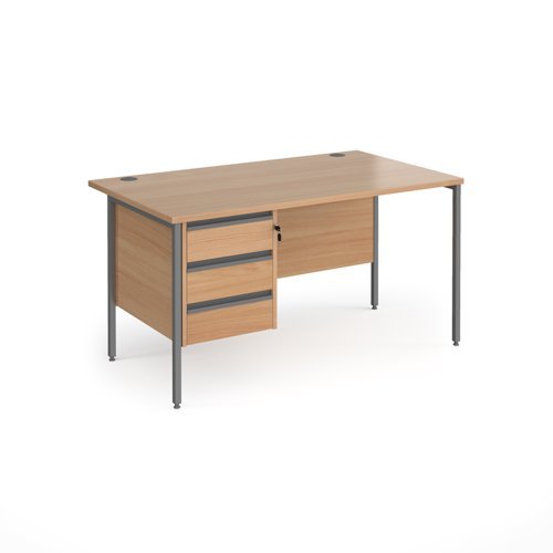 Contract 25 straight desk with 3 drawer pedestal and graphite H-Frame leg 1400mm x 800mm beech top - CH14S3-G-B