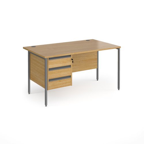 Contract 25 straight desk with 3 drawer pedestal and graphite H-Frame leg 1400mm x 800mm oak top - CH14S3-G-O
