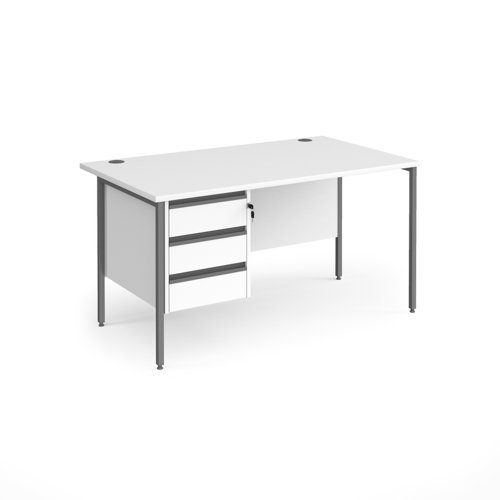 Contract 25 straight desk with 3 drawer pedestal and graphite H-Frame leg 1400mm x 800mm white top - CH14S3-G-WH