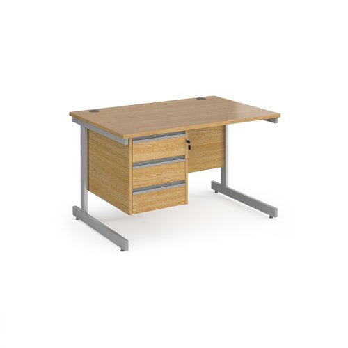 Contract 25 straight desk with 3 drawer pedestal and silver cantilever leg 1200mm x 800mm oak top - CC12S3-S-O
