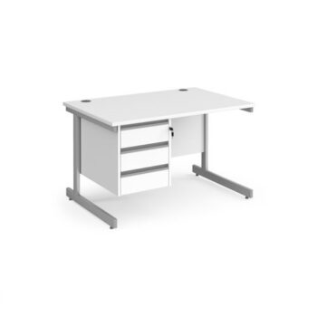 Contract 25 straight desk with 3 drawer pedestal and silver cantilever leg 1200mm x 800mm white top - CC12S3-S-WH