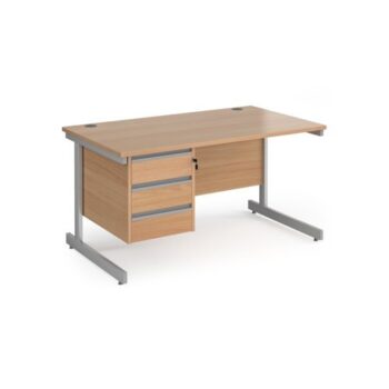 Contract 25 straight desk with 3 drawer pedestal and silver cantilever leg 1400mm x 800mm beech top - CC14S3-S-B