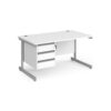 Contract 25 straight desk with 3 drawer pedestal and silver cantilever leg 1400mm x 800mm white top - CC14S3-S-WH