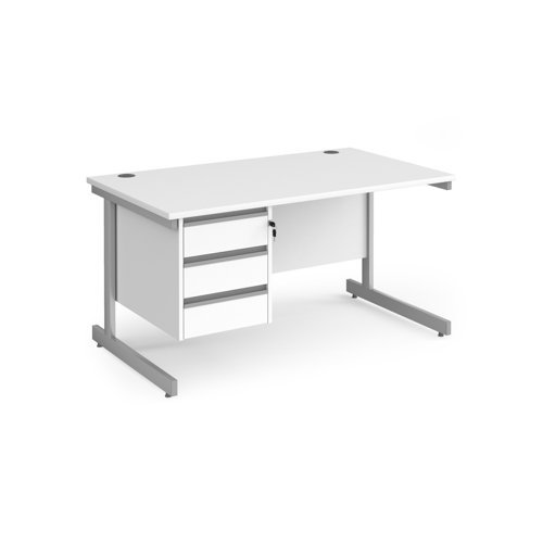 Contract 25 straight desk with 3 drawer pedestal and silver cantilever leg 1400mm x 800mm white top - CC14S3-S-WH