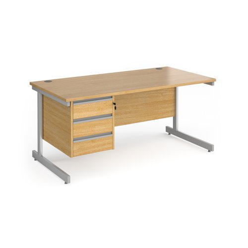 Contract 25 straight desk with 3 drawer pedestal and silver cantilever leg 1600mm x 800mm oak top - CC16S3-S-O