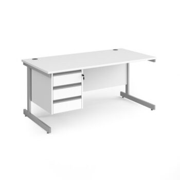 Contract 25 straight desk with 3 drawer pedestal and silver cantilever leg 1600mm x 800mm white top - CC16S3-S-WH