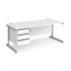 Contract 25 straight desk with 3 drawer pedestal and silver cantilever leg 1800mm x 800mm white top - CC18S3-S-WH