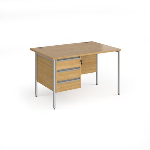 Contract 25 straight desk with 3 drawer pedestal and silver H-Frame leg 1200mm x 800mm oak top - CH12S3-S-O