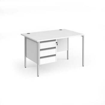 Contract 25 straight desk with 3 drawer pedestal and silver H-Frame leg 1200mm x 800mm white top - CH12S3-S-WH
