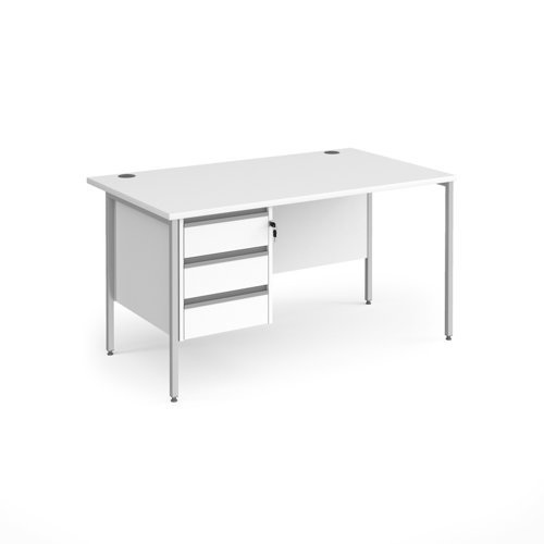 Contract 25 straight desk with 3 drawer pedestal and silver H-Frame leg 1400mm x 800mm white top - CH14S3-S-WH