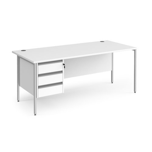 Contract 25 straight desk with 3 drawer pedestal and silver H-Frame leg 1800mm x 800mm white top - CH18S3-S-WH