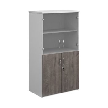 Duo combination unit with glass upper doors 1440mm high with 3 shelves white with grey oak lower doors - R1440COMD-WHGO