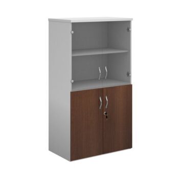 Duo combination unit with glass upper doors 1440mm high with 3 shelves white with walnut lower doors - R1440COMD-WHW
