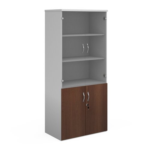 Duo combination unit with glass upper doors 1790mm high with 4 shelves white with walnut lower doors - R1790COMD-WHW