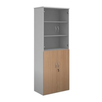 Duo combination unit with glass upper doors 2140mm high with 5 shelves white with beech lower doors - R2140COMD-WHB