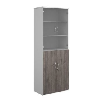 Duo combination unit with glass upper doors 2140mm high with 5 shelves white with grey oak lower doors - R2140COMD-WHGO
