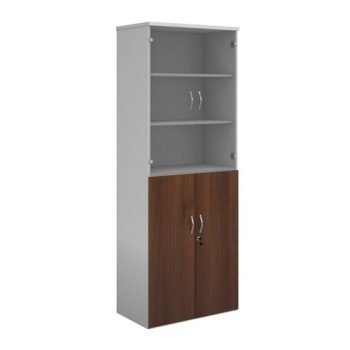 Duo combination unit with glass upper doors 2140mm high with 5 shelves white with walnut lower doors - R2140COMD-WHW