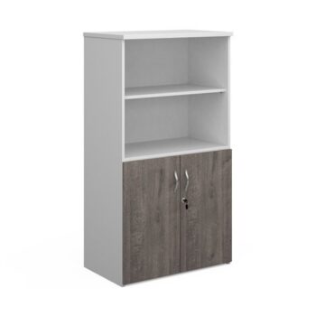 Duo combination unit with open top 1440mm high with 3 shelves white with grey oak lower doors - R1440OPD-WHGO