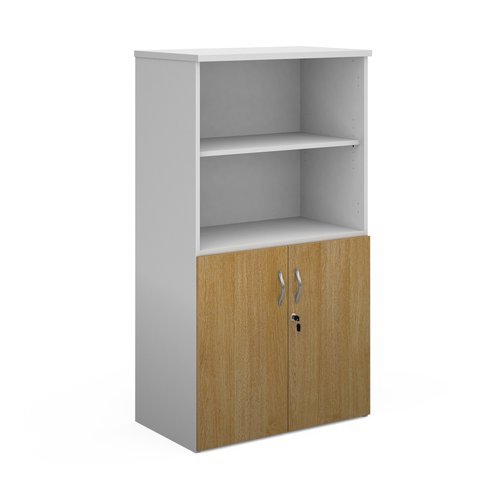 Duo combination unit with open top 1440mm high with 3 shelves white with oak lower doors - R1440OPD-WHO