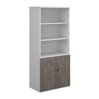Duo combination unit with open top 1790mm high with 4 shelves white with grey oak lower doors - R1790OPD-WHGO