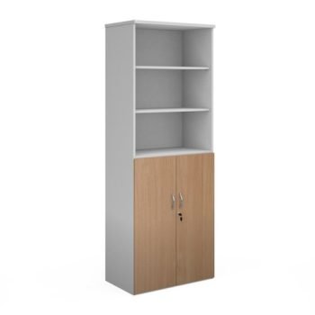 Duo combination unit with open top 2140mm high with 5 shelves white with beech lower doors - R2140OPD-WHB
