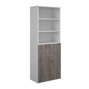 Duo combination unit with open top 2140mm high with 5 shelves white with grey oak lower doors - R2140OPD-WHGO