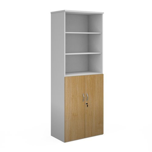 Duo combination unit with open top 2140mm high with 5 shelves white with oak lower doors - R2140OPD-WHO