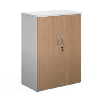 Duo double door cupboard 1090mm high with 2 shelves white with beech doors - R1090DD-WHB