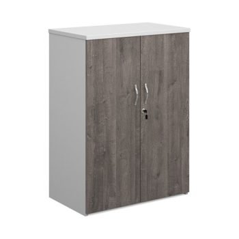 Duo double door cupboard 1090mm high with 2 shelves white with grey oak doors - R1090DD-WHGO