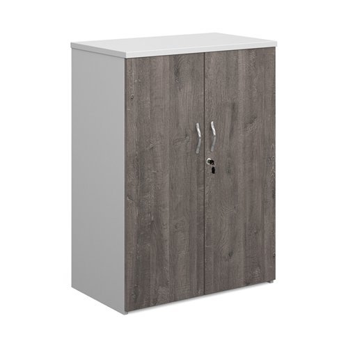 Duo double door cupboard 1090mm high with 2 shelves white with grey oak doors - R1090DD-WHGO